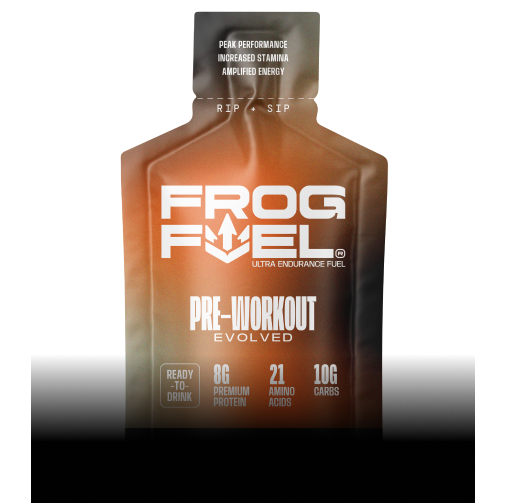 A single-serving pouch of Frog Fuel Pre-Workout Evolved, an ultra endurance fuel.