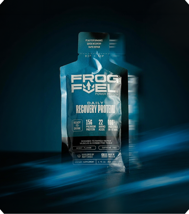 A pouch of Frog Fuel Daily Recovery Protein on a dark, motion-blurred background.