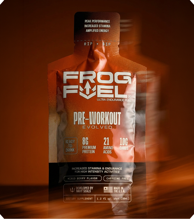 A single-serving packet of Frog Fuel Pre-Workout Evolved dietary supplement in mixed berry flavor against a blurred background.