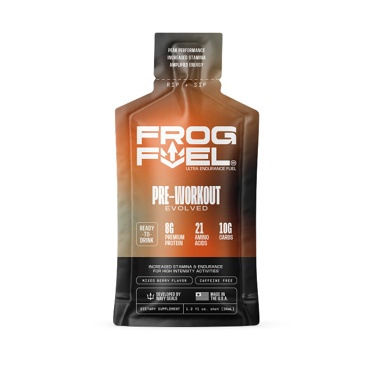 A single packet of Frog Fuel Pre-Workout Evolved, a mixed berry flavor dietary supplement shot.