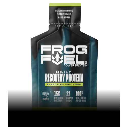 A black and teal pouch of Frog Fuel Daily Recovery Protein, which is energized with caffeine.