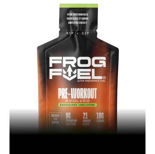 A black and orange pouch of Frog Fuel Pre-Workout Evolved ultra endurance fuel supplement on a white background.