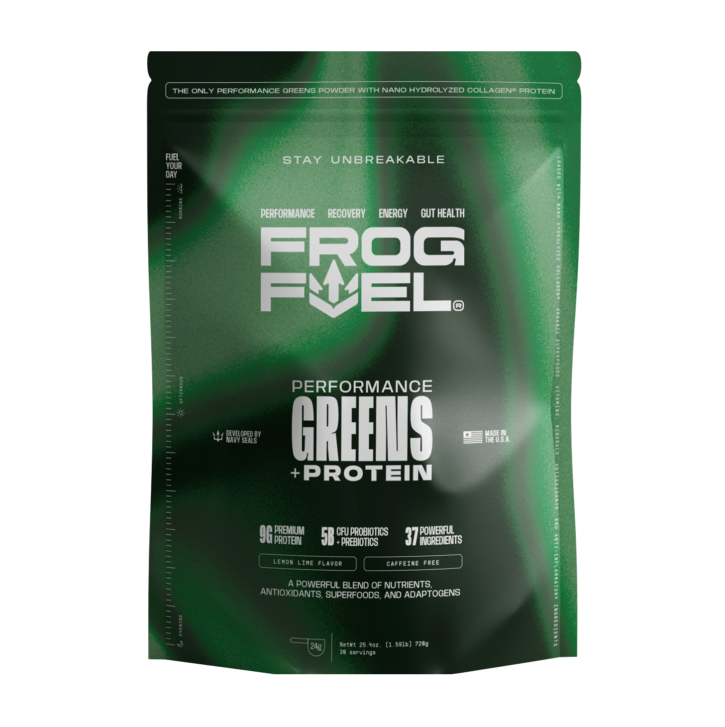 A green pouch of Frog Fuel Performance Greens + Protein powder, in lemon-lime flavor.