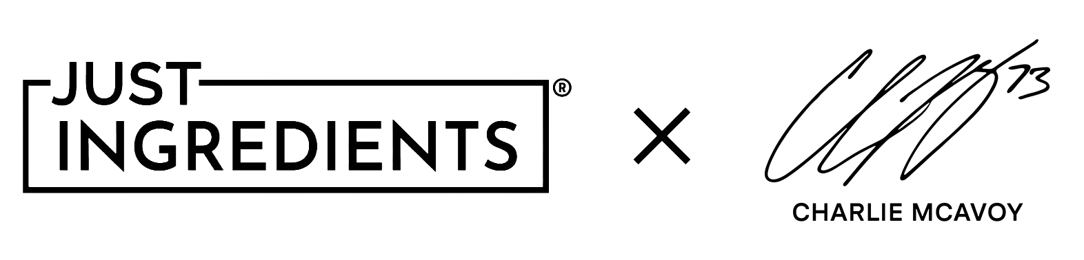The Just Ingredients logo next to the Charlie McAvoy signature logo, separated by an 'x'.