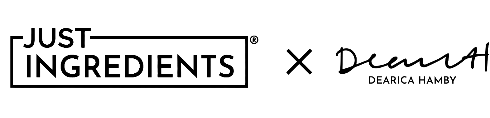 Logos for a collaboration between Just Ingredients and Dearica Hamby, in black text on a white background.