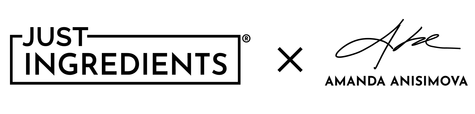 The Just Ingredients logo next to the Amanda Anisimova logo, indicating a collaboration.