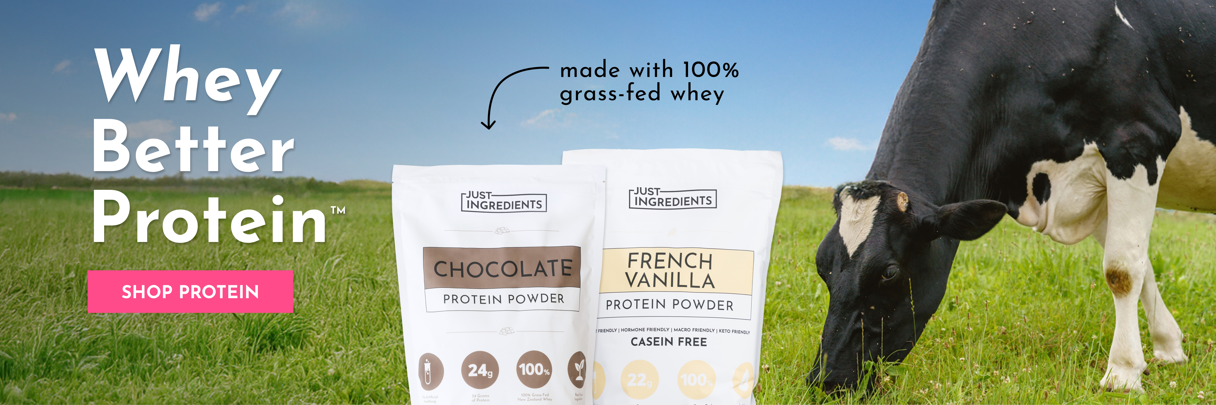 Two bags of Just Ingredients protein powder sit in a grassy field next to a grazing cow.