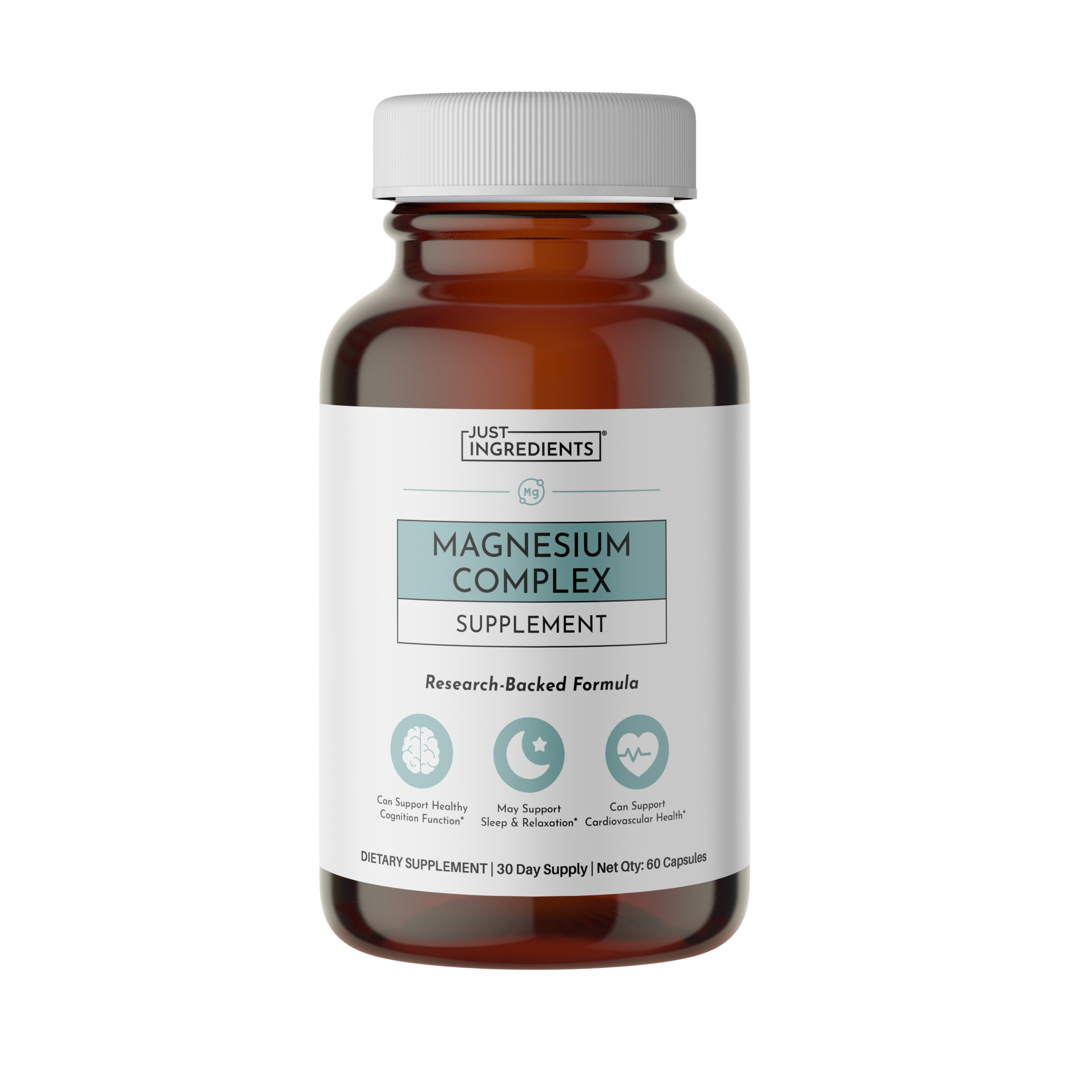 A brown bottle of Just Ingredients Magnesium Complex supplement against a white background.