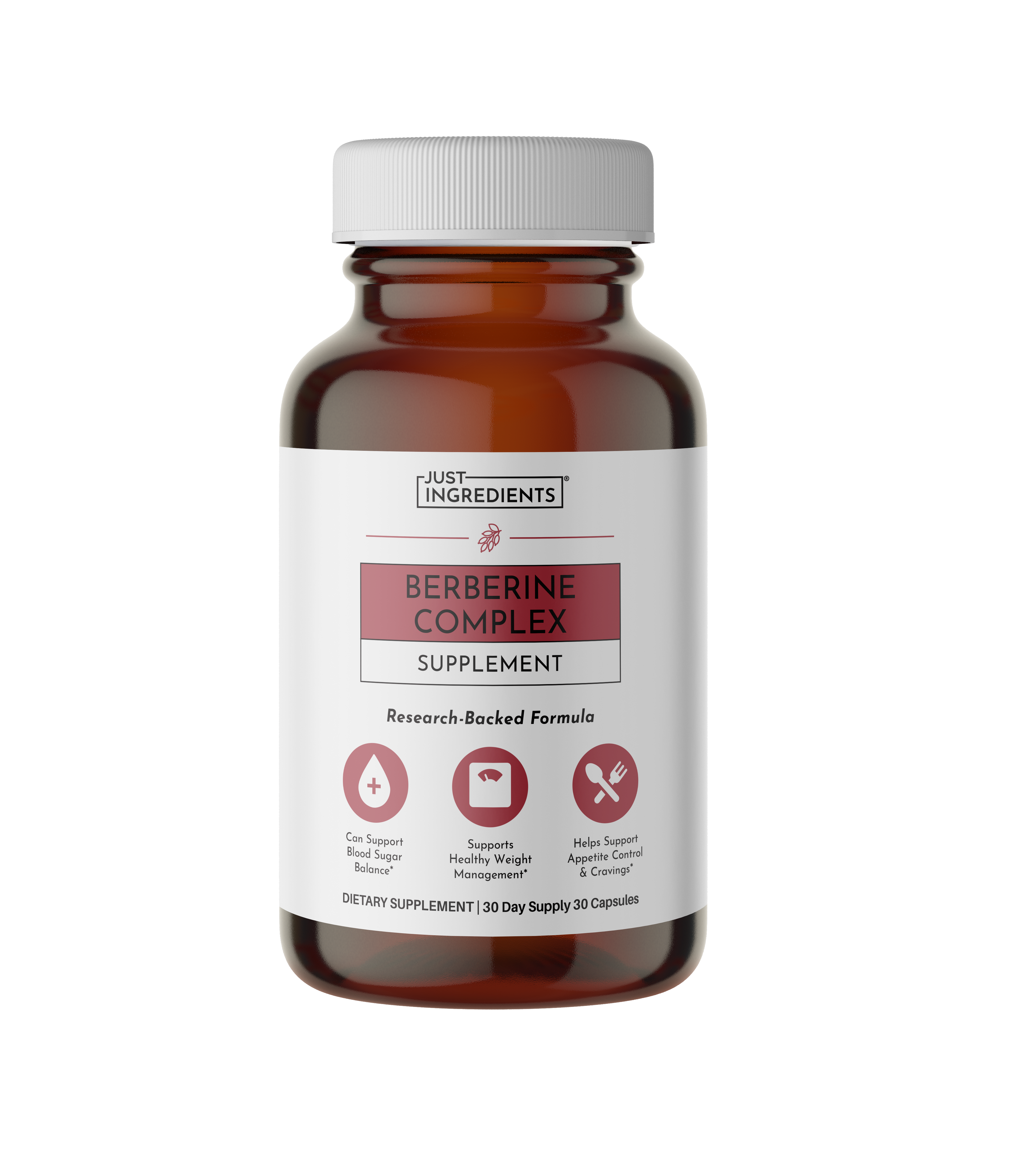 A bottle of Berberine Complex dietary supplement with a white label and brown lid.