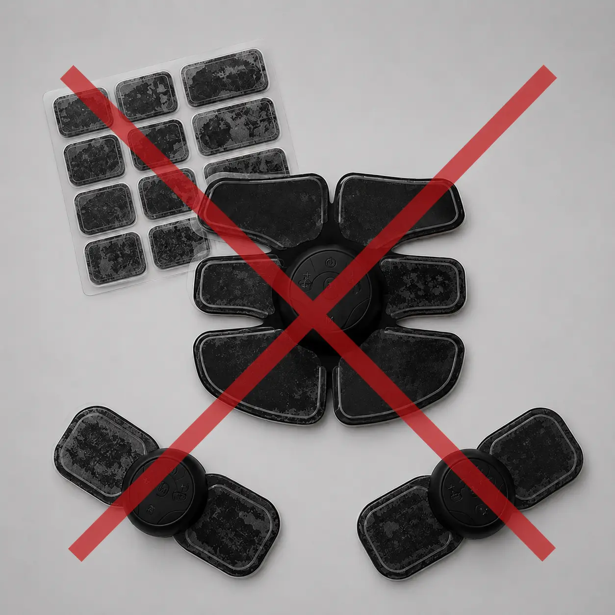 A set of black electronic muscle stimulator pads and replacement gel pads crossed out with a red X.