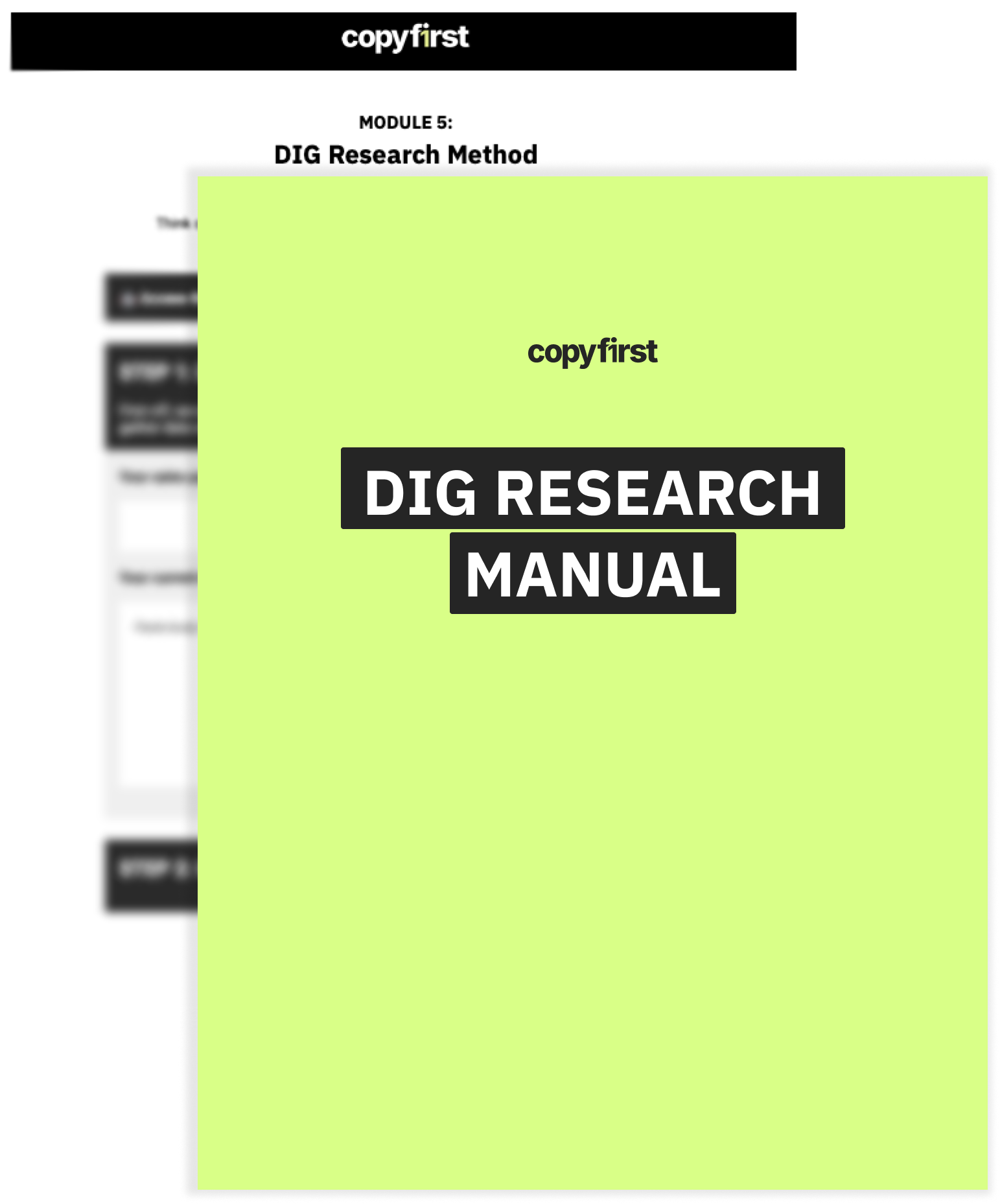 A lime green graphic titled 'DIG RESEARCH MANUAL' from Copyfirst, shown over a course module webpage.