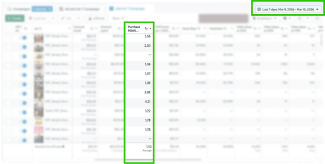 A screenshot of a data report with a 'Purchase' column and a date range filter highlighted in green.