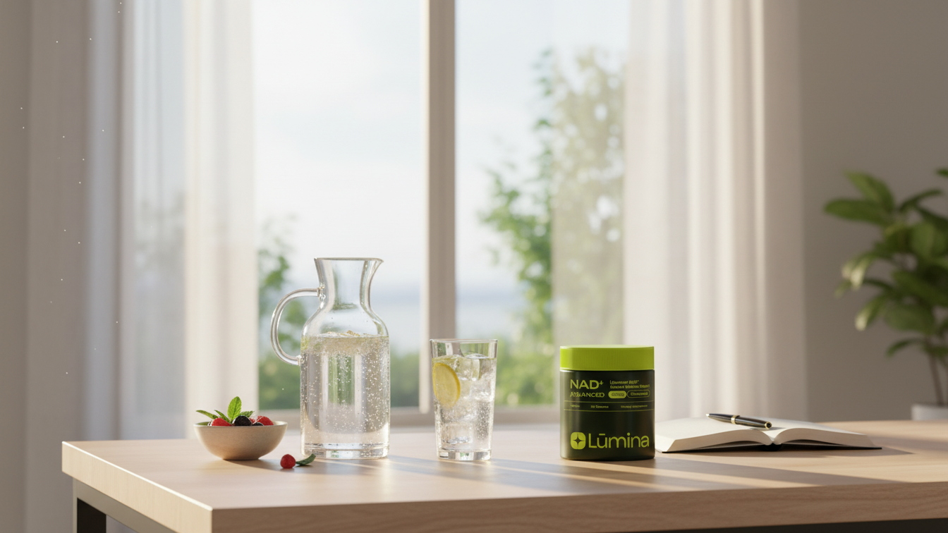 Glass of water with lemon, pitcher, berries, supplement container, and open book on a table.