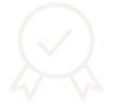 A white icon of an award ribbon with a checkmark inside, on a green background.