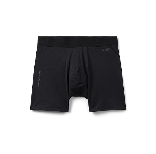 A pair of black athletic boxer briefs laid flat on a white background, showing the front view.