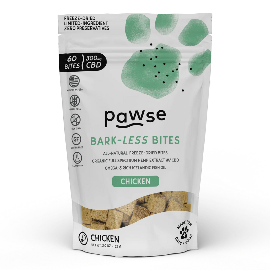 Bag of Pawse Bark-less Bites, chicken flavor, for cats and dogs.