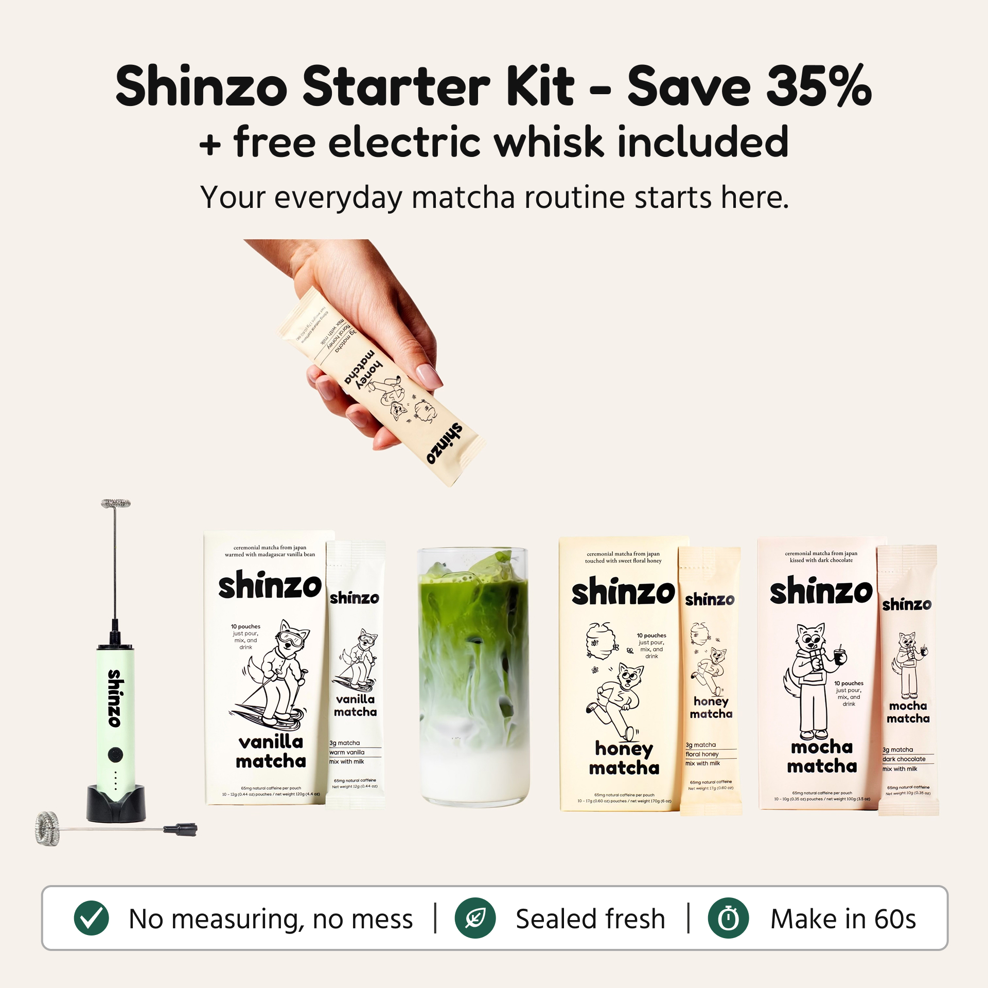 Shinzo Matcha Starter Kit with an electric whisk, various flavored pouches, and a prepared iced matcha drink.