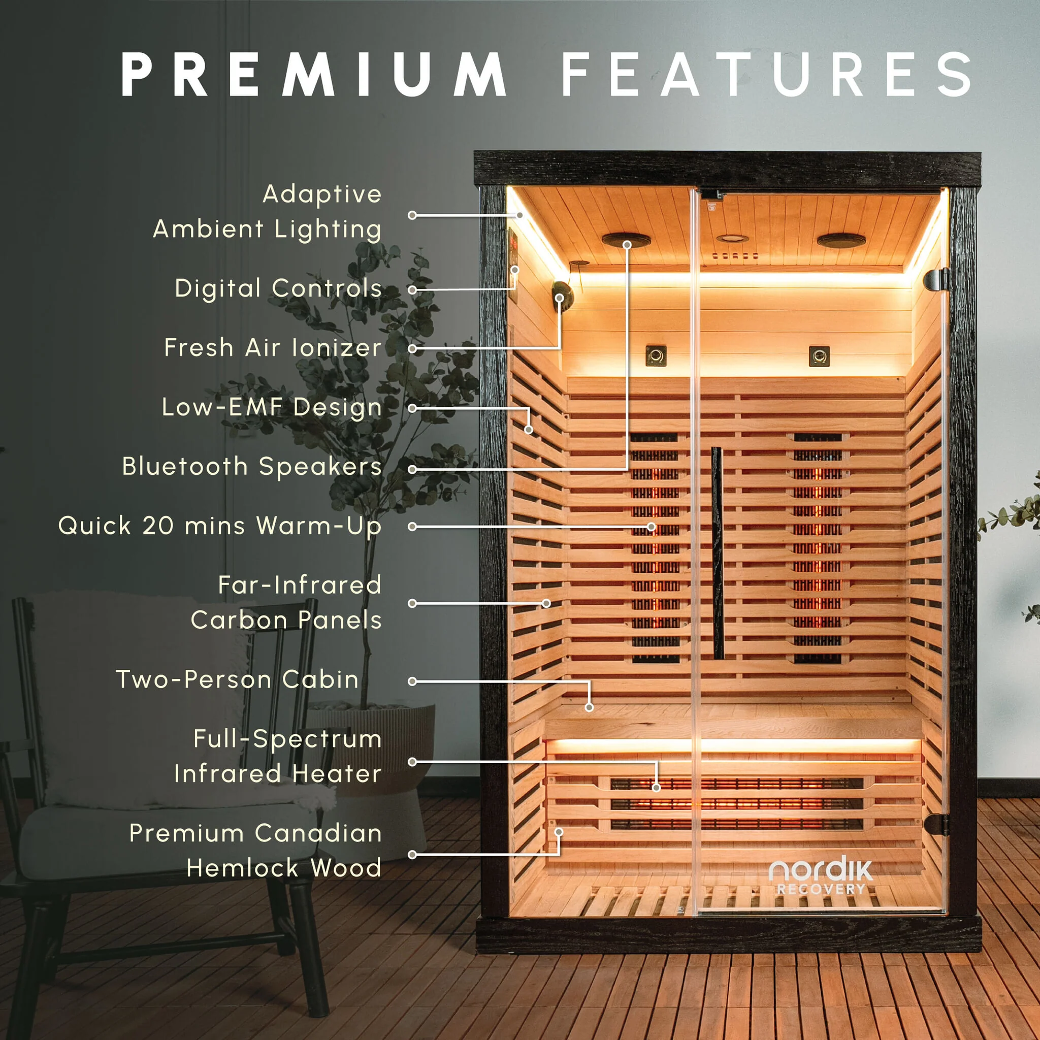 An infographic highlighting the premium features of a two-person infrared sauna made of wood.
