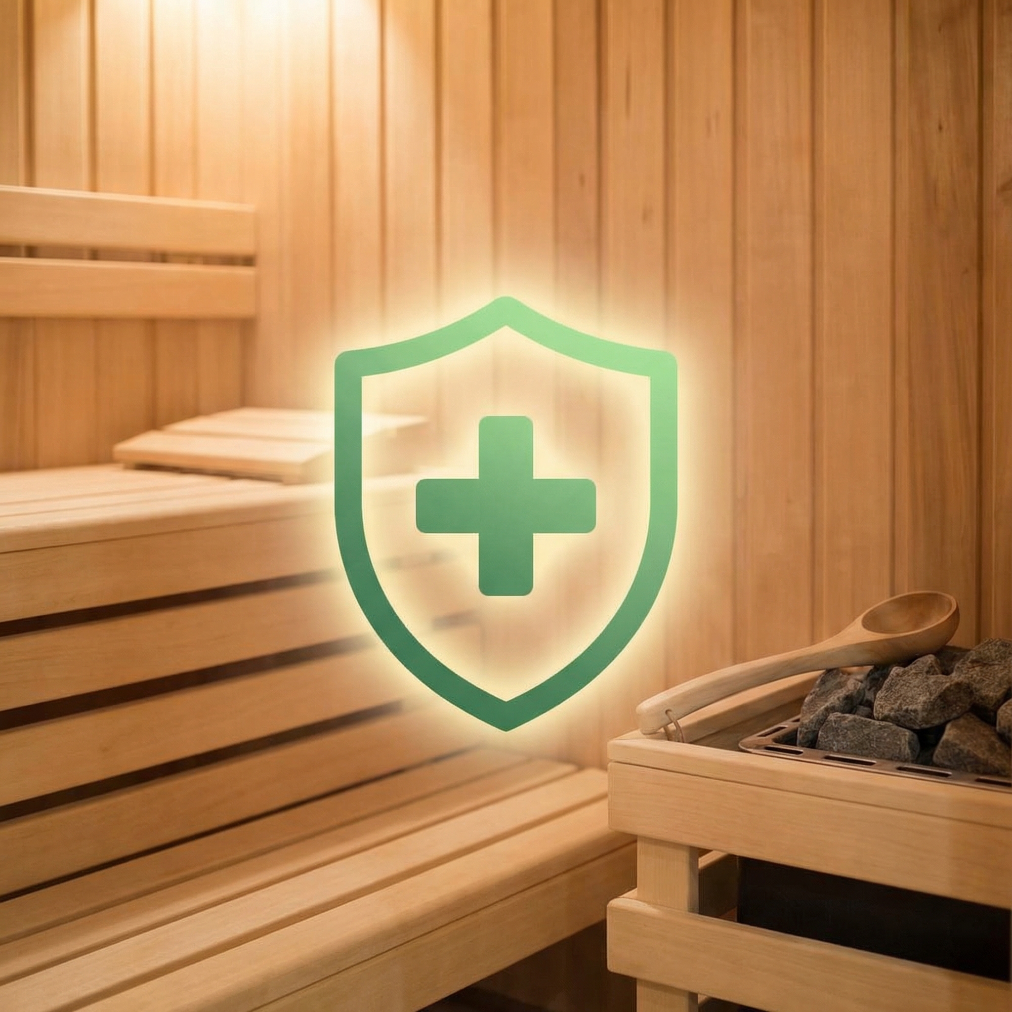 A wooden sauna with a glowing green shield icon featuring a plus sign.