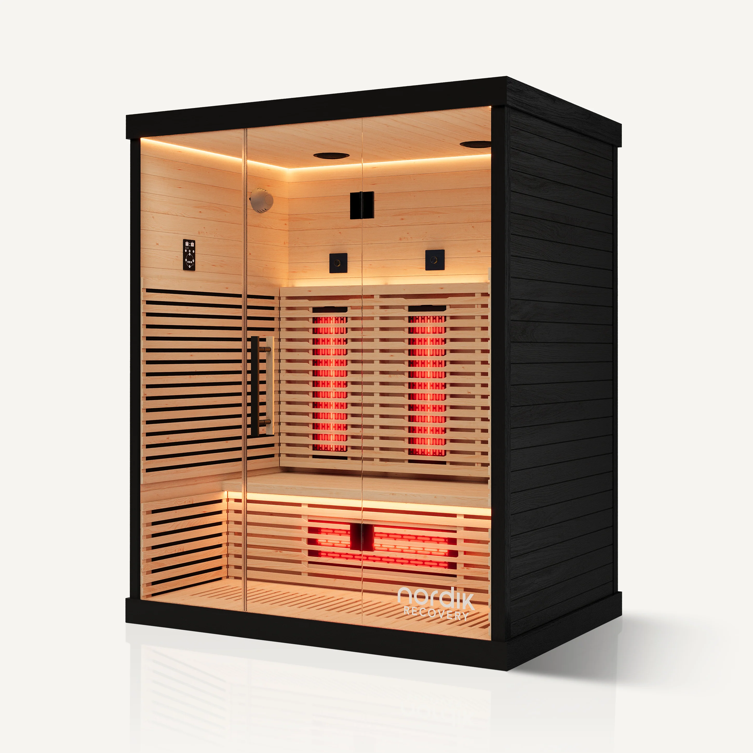 A modern infrared sauna with a black exterior, lit wood interior, and glass front, on a white background.