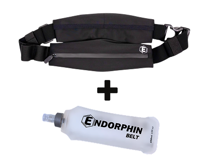 A black Endorphin running belt and a matching soft flask water bottle against a white background.
