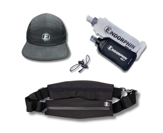 An Endorphin branded running belt, cap, and two soft water flasks on a white background.