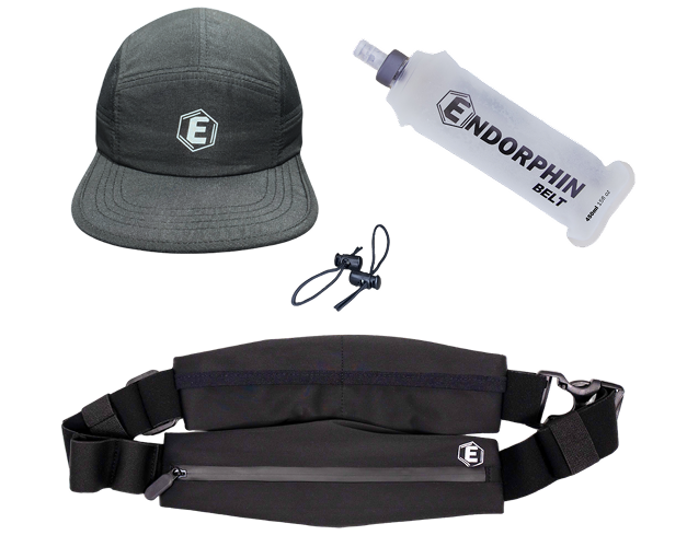A running cap, water flask, and running belt with cord toggles arranged on a white background.