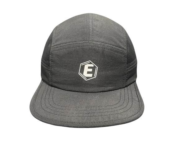A dark gray five-panel cap with a white hexagonal logo featuring the letter E on the front.