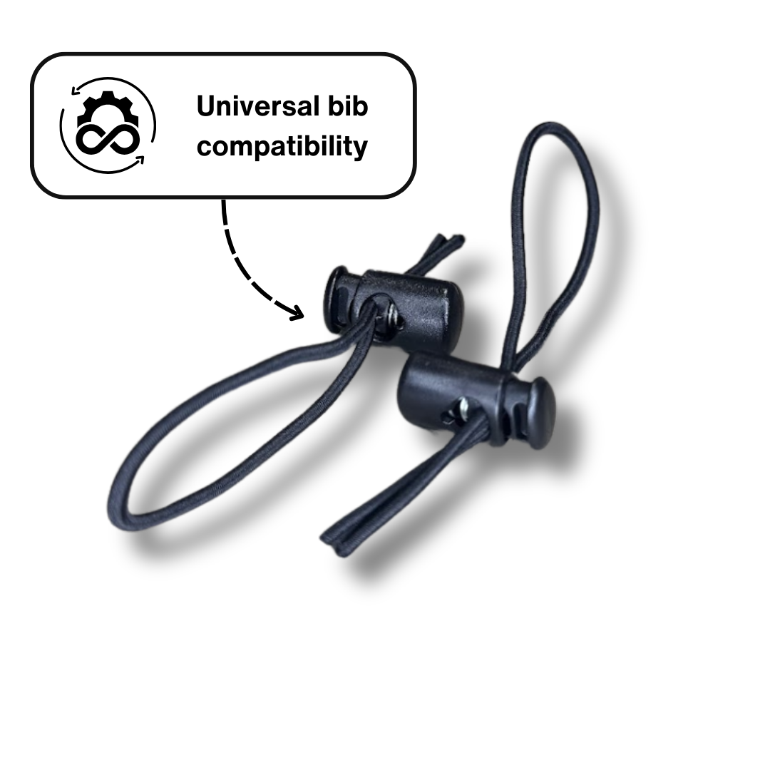 A pair of black elastic cord toggles with a callout that reads, 'Universal bib compatibility'.