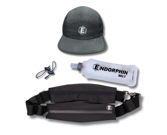 A gray running cap, a black running belt, a collapsible water bottle, and cord toggles.