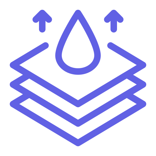 A purple icon showing a water droplet and upward arrows above three stacked layers, representing moisture-wicking.