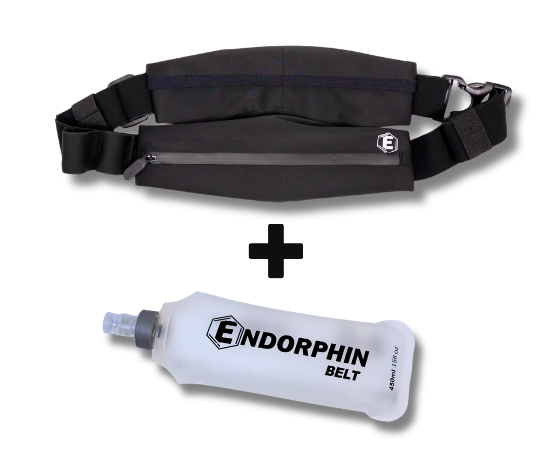 A black Endorphin running belt and a matching branded soft flask on a white background.