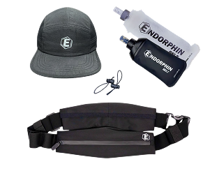 An Endorphin running belt, two soft water flasks, and a gray athletic cap on a white background.
