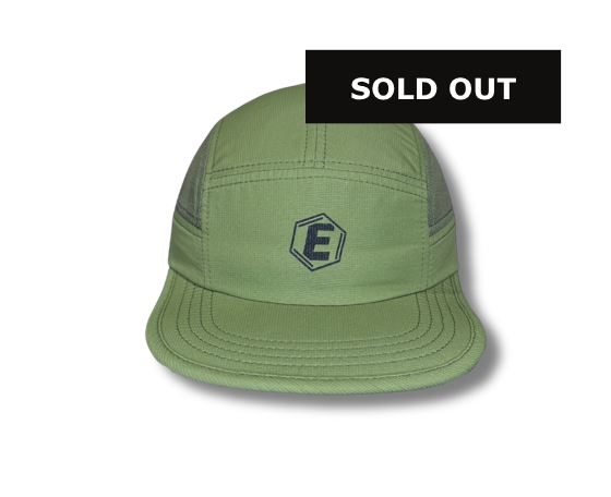 A green five-panel cap with a black hexagonal 'E' logo and a 'Sold Out' banner.