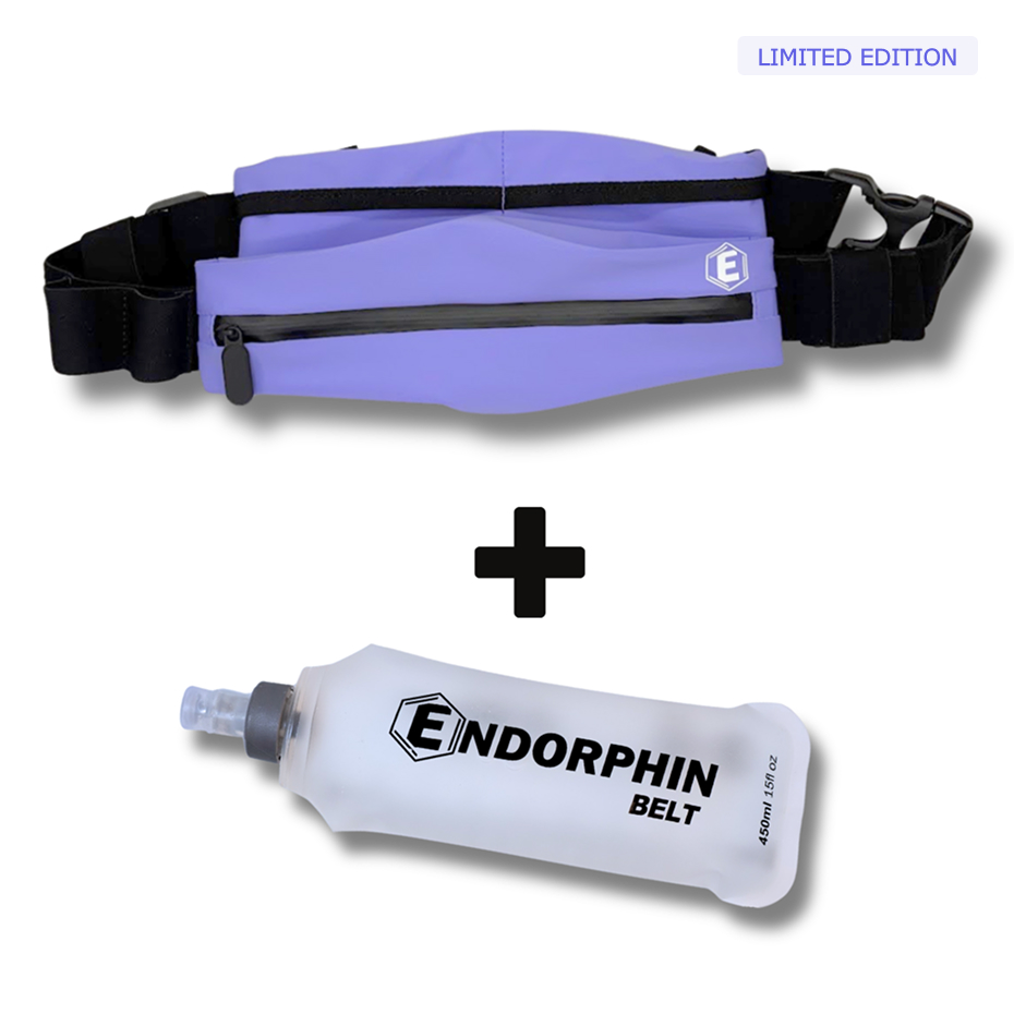 A purple Endorphin running belt and a matching soft water flask against a white background.