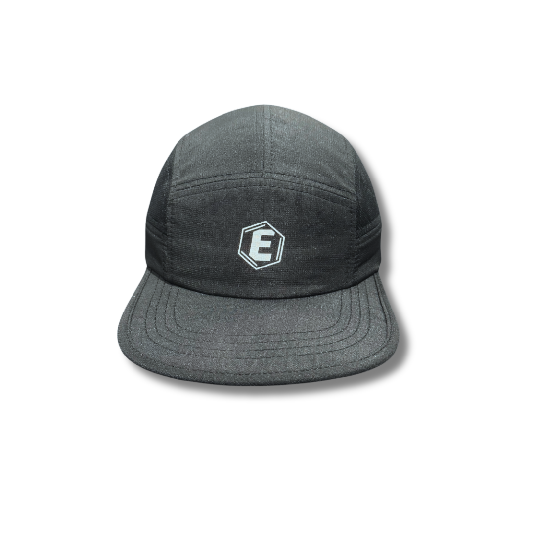 A dark gray five-panel cap with a white logo of the letter E in a hexagon.
