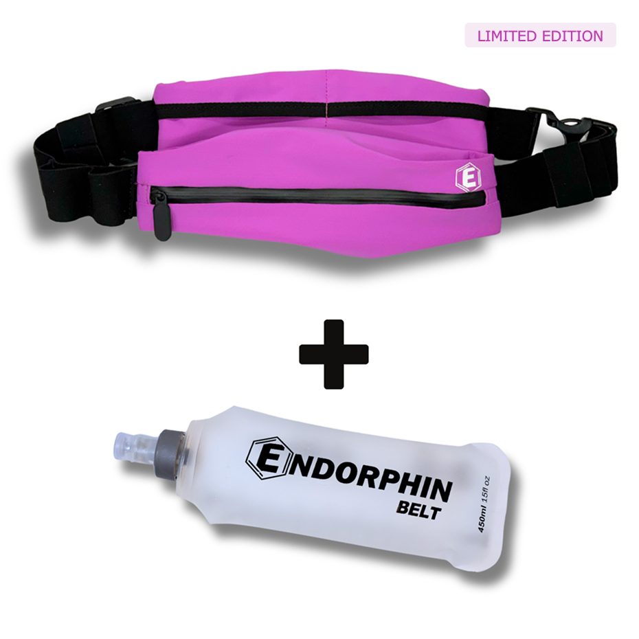 A pink Endorphin running belt with a zipper and an included collapsible water bottle on a white background.