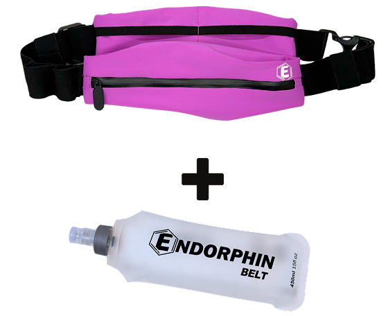 A pink Endorphin running belt and a matching collapsible water bottle on a white background.