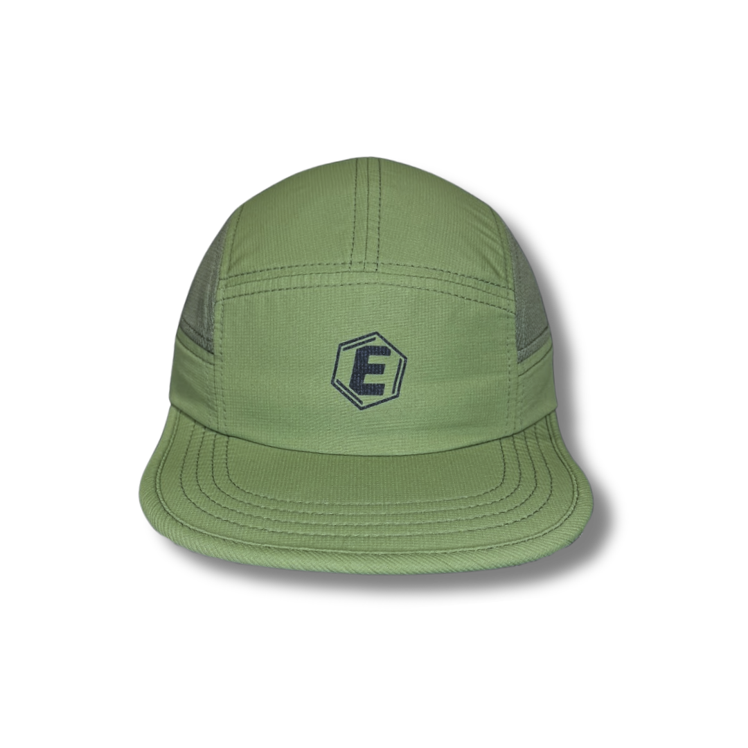 An olive green five-panel cap with a black hexagonal logo featuring the letter 'E' on the front.