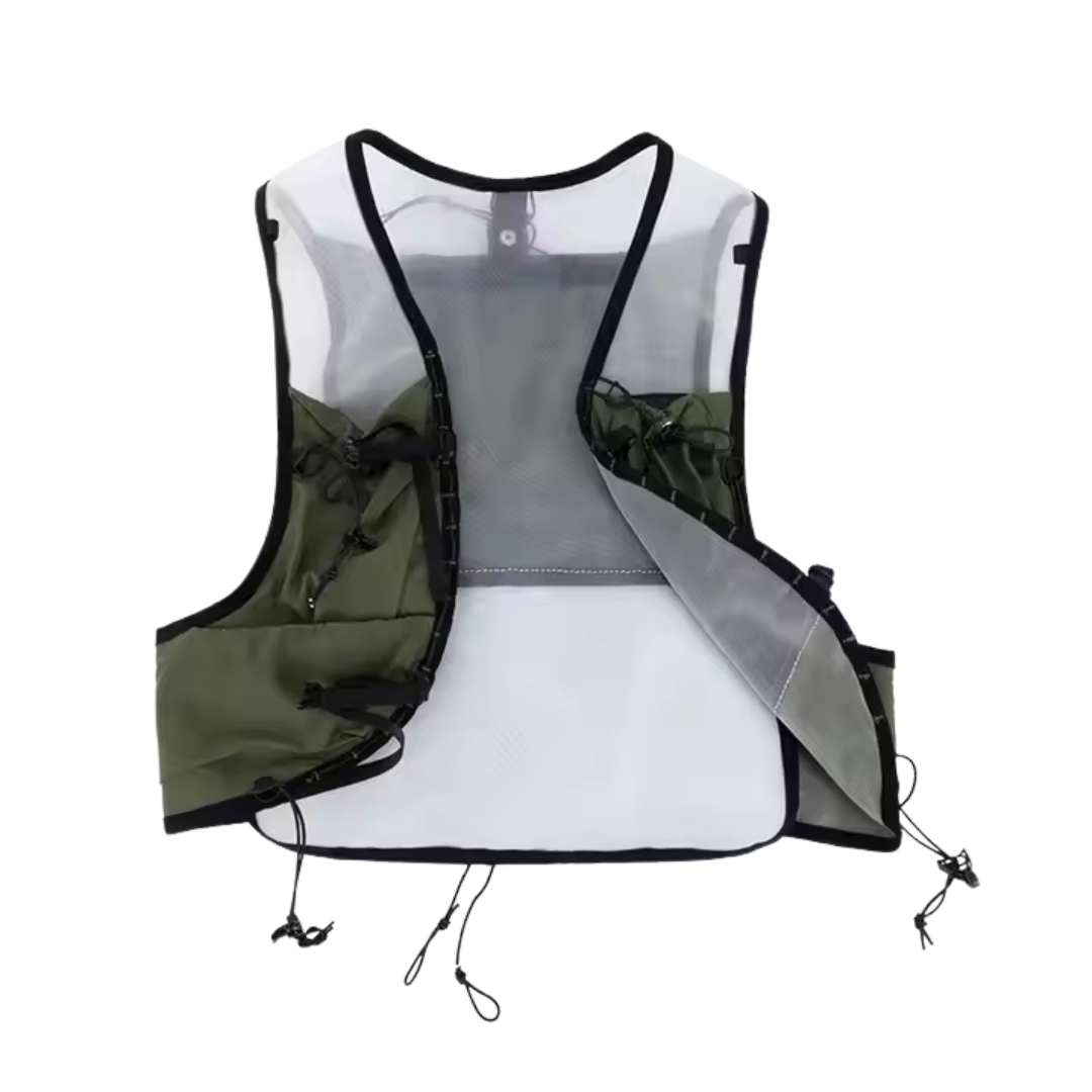 A green and white mesh vest with adjustable straps and pockets.
