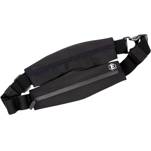 A black two-pouch running belt with an adjustable strap against a black background.