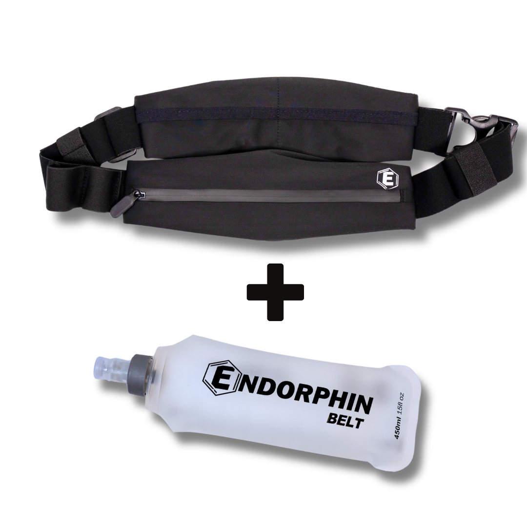 A black Endorphin running belt and a white soft water flask on a white background.