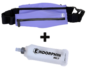 A purple running belt and a soft flask water bottle with the Endorphin Belt logo.