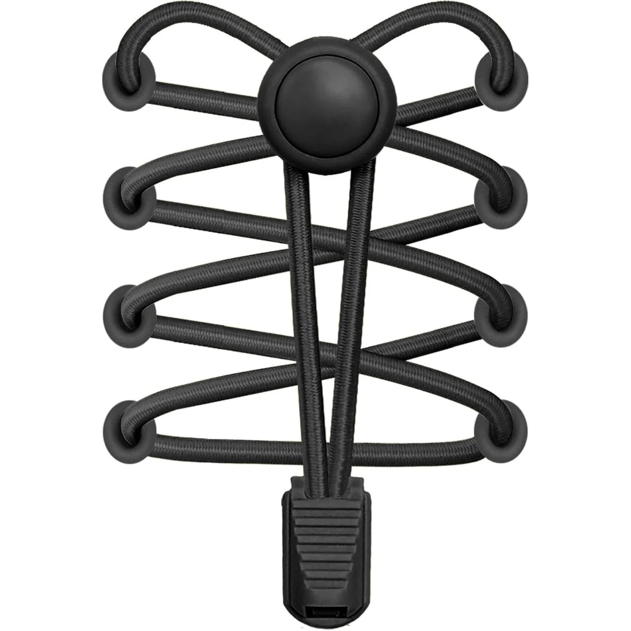 A set of black elastic no-tie shoelaces with a toggle lock and end clip against a white background.