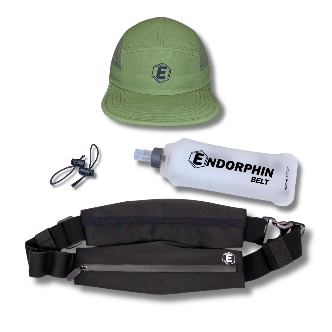 A green running cap, a black running belt, a soft flask water bottle, and a toggle cord.