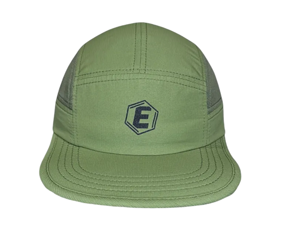 A light green five-panel cap with mesh sides and a hexagonal 'E' logo on the front.