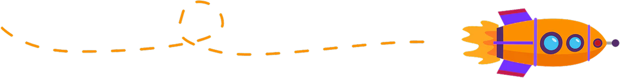 Illustration of an orange spaceship with a dotted trail behind it.