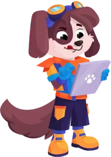 Cartoon dog character in colorful outfit holding a tablet.