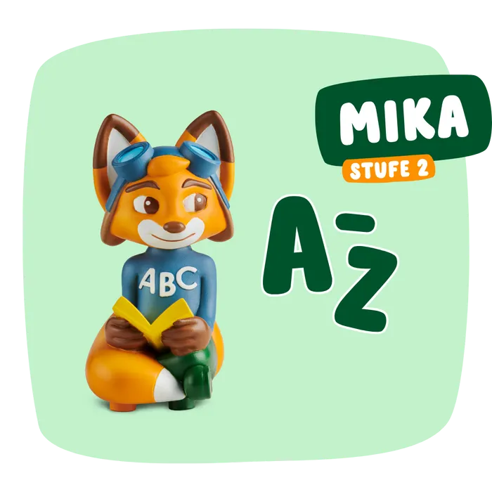 Cartoon fox reading a book, labeled with 'ABC', next to 'Mika' text.