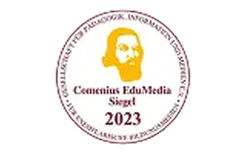 Circular seal with text and a stylized face, labeled 'Comenius EduMedia Siegel 2023'.